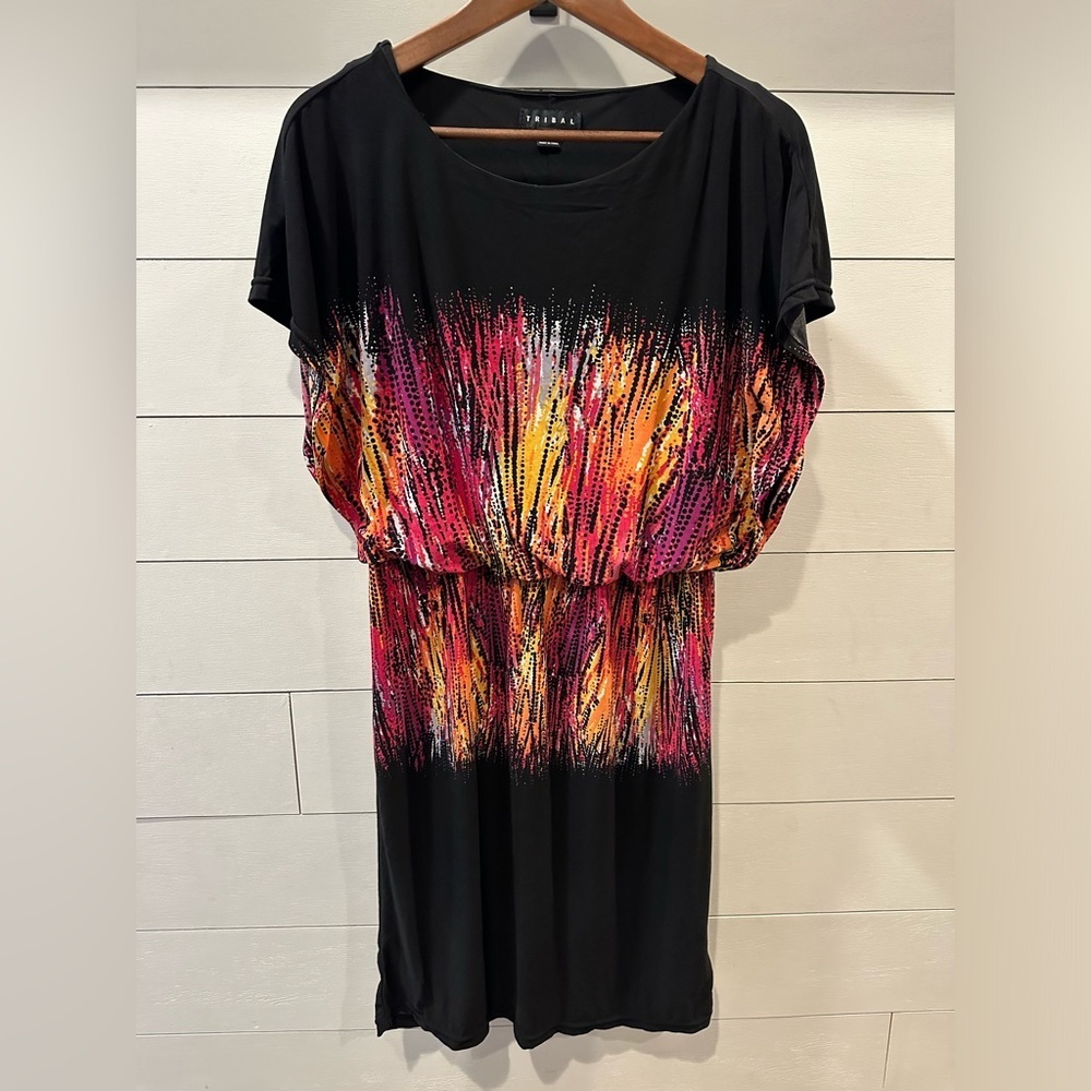 Tribal Black Dress with Vibrant Pink Orange Yellow Print- size Medium